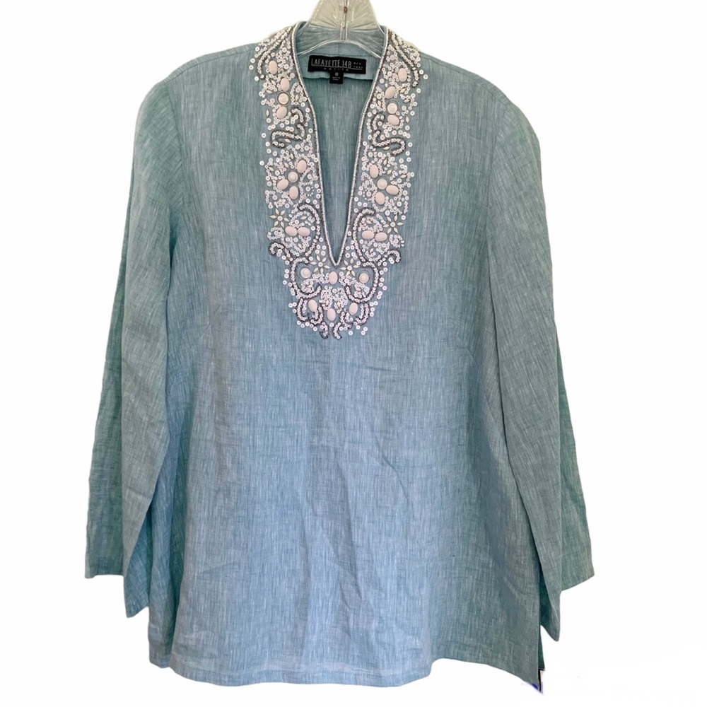 NWT Lafayette 148 Petite Linen Beaded Tunic size 10